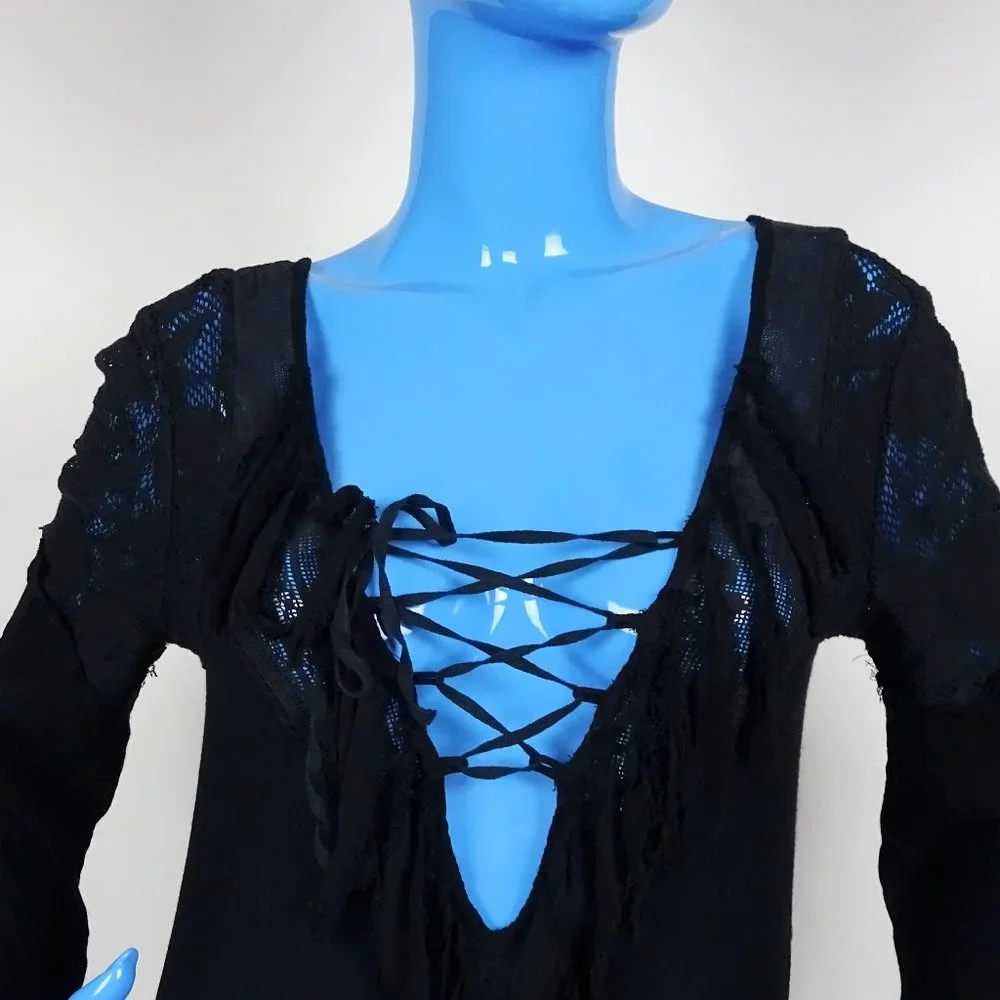 Free People Black Shipwreck Cove Dress M 8 10 Fringe Gypsy Goth Festival Pirate - Picture 4 of 7